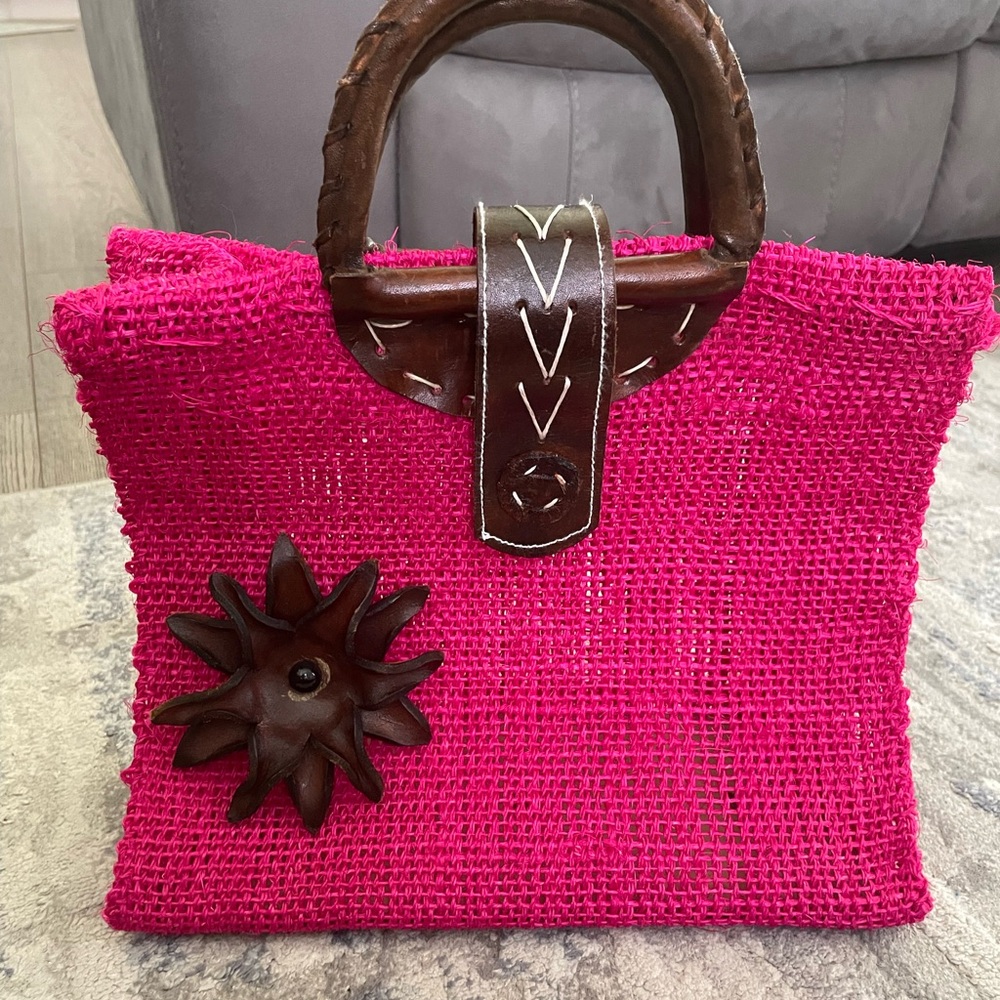 Pink Woven Handbag with Brown Accents